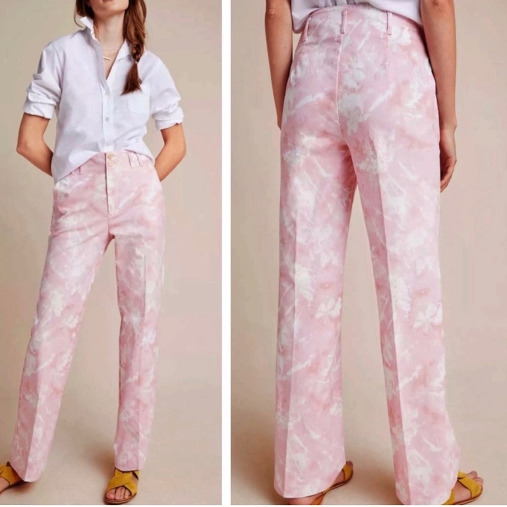 Anthropologie Jamie High Waist Rise Pink White Trouser Pant Button Wide Leg